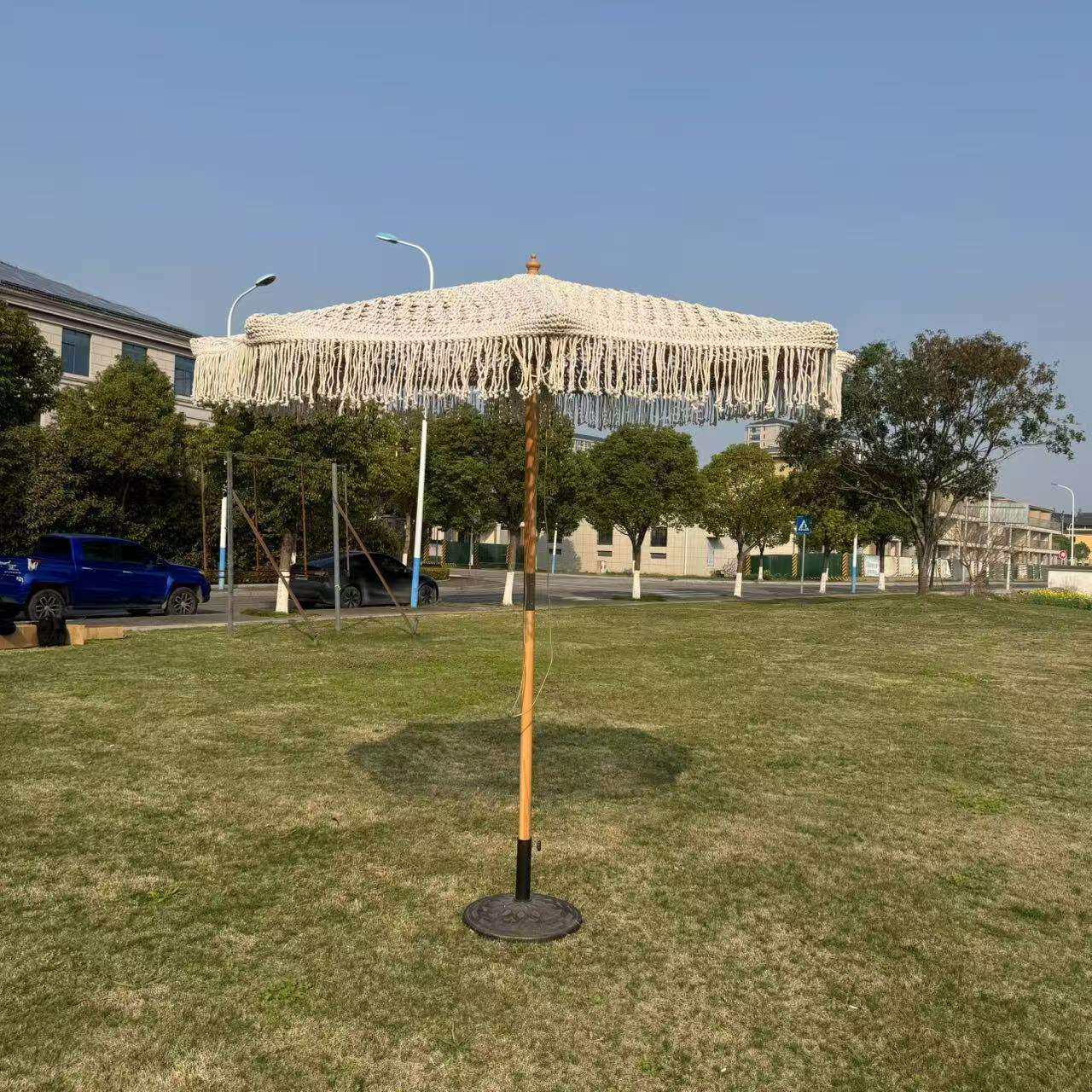 户外伞面加密款创意流苏庭院伞装饰编织手工棉质感木杆架宝塔编绳