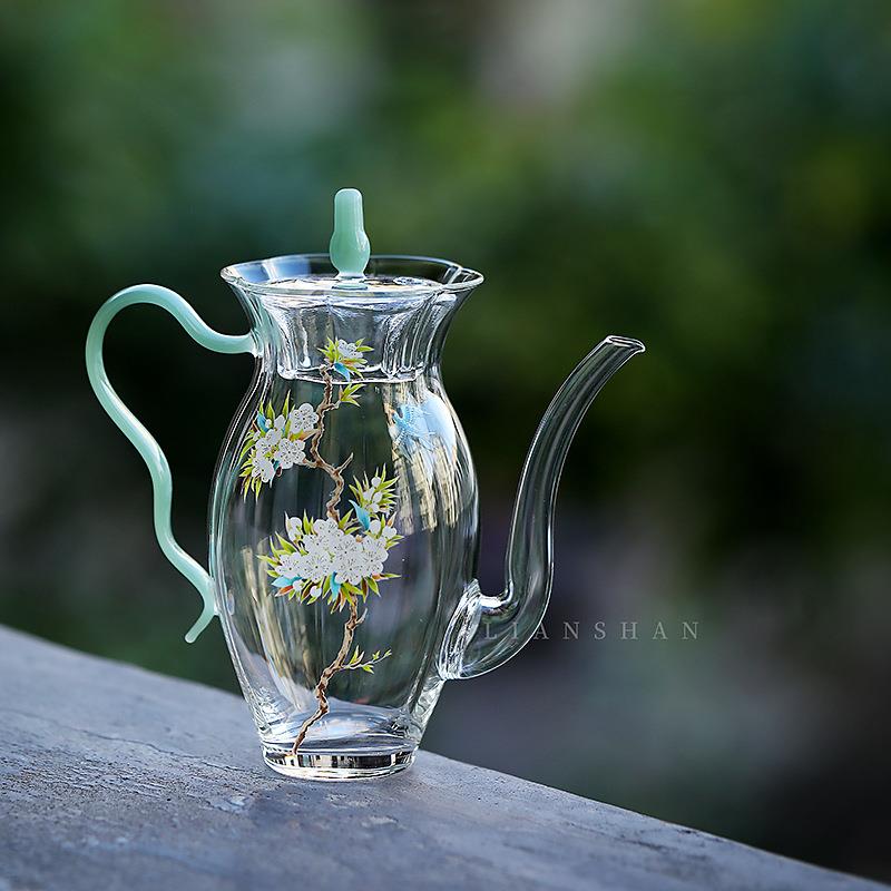 手工贴花春季绿茶器泡茶壶水仙壶高硼硅耐热玻璃花茶冷泡壶带过滤