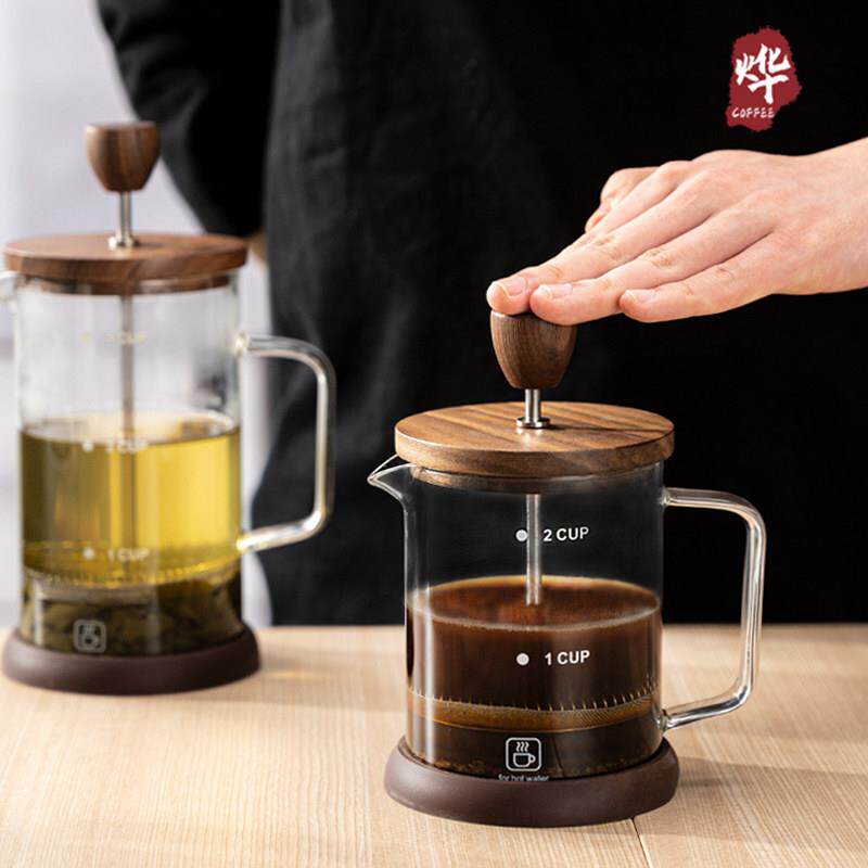 千烨咖啡法压咖啡壶胡桃木盖玻璃壶过滤煮茶法式滤压壶分享壶滤杯