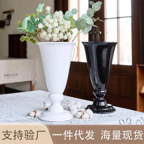 法式复古陶瓷花瓶高级感干花高脚插花器客厅民宿书房摆件