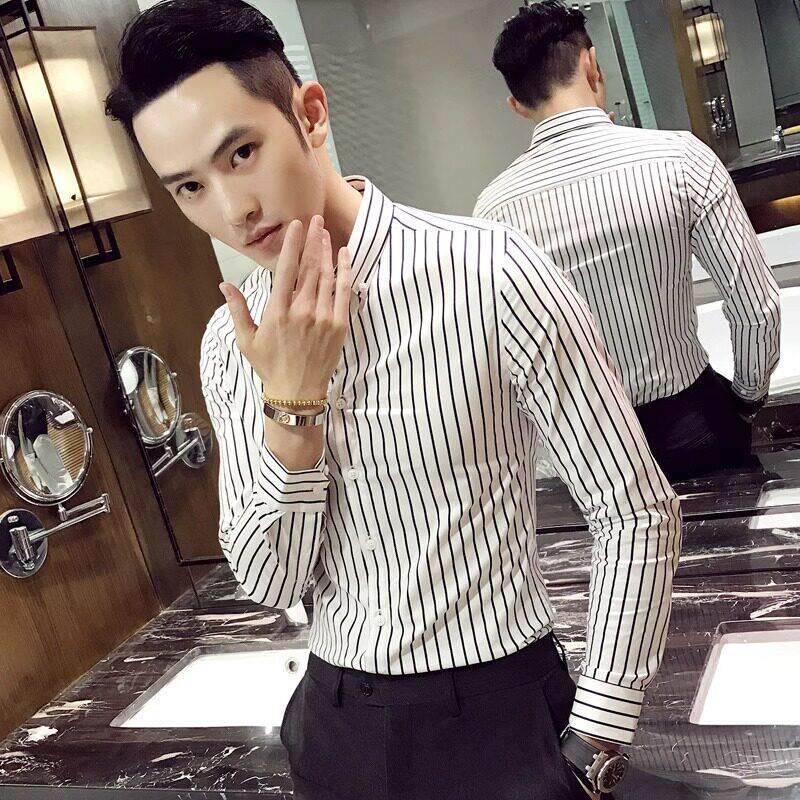 LL男装衬衫男长袖修身春秋季痞帅潮流英伦风条纹小码西服打底衬衣