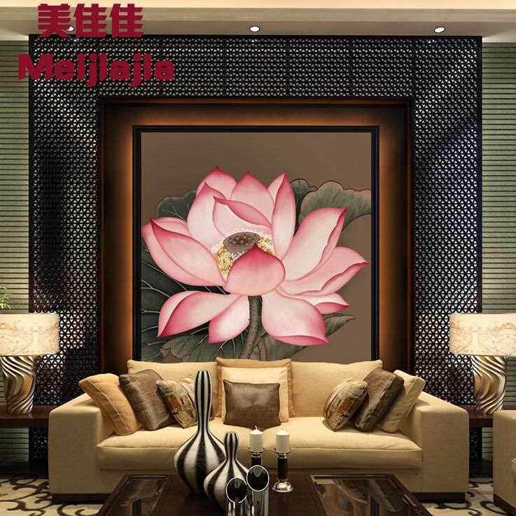 新款直销中式沙发客厅电视背景墙壁纸美容院茶楼佛堂壁画手绘荷花