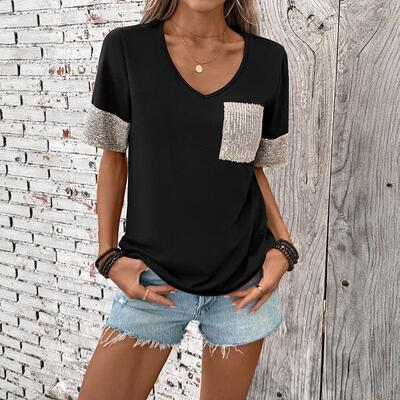 Black and white sequin short sleeved T-shirt for women