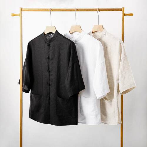 Men's linen short sleeved linen short sleeved buckle stand