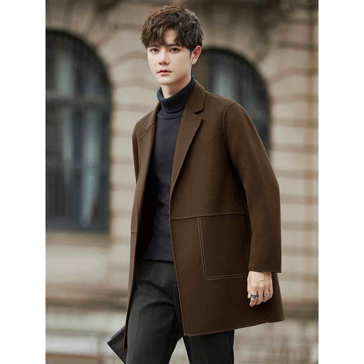 秋冬季新款双面呢大衣男羊绒中长款韩版潮流男士休闲羊毛呢子外套