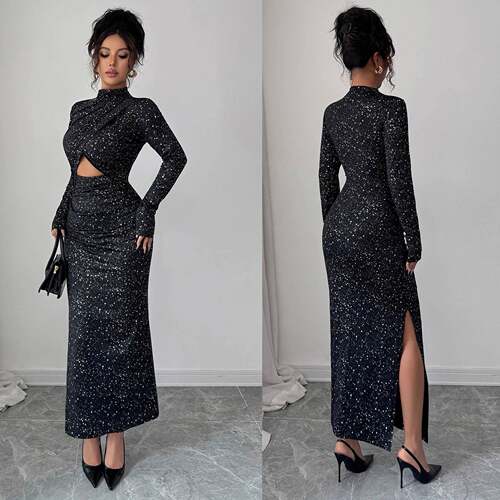 Womens High Neck Long Sleeve Dress Cross Design Sequins