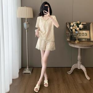 TOUCH MISS时尚轻奢休闲运动服套装女夏季新款网纱蕾丝短裤两件套