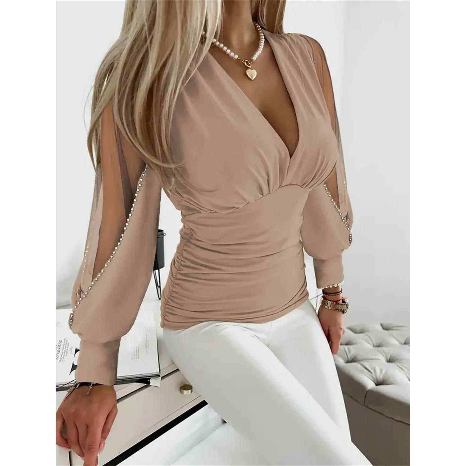 Long Sleeve Fashion V Neck Solid Color Womens Shirt Blouse