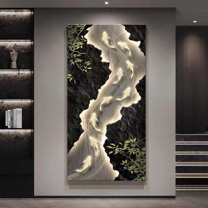 九鱼图玄关发光装饰画轻奢走廊过道挂画高级感入户门壁灯画寓意好