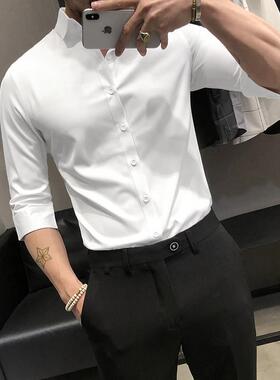 七分袖白色衬衫男夏季薄款休闲百搭纯色男士短袖衬衫韩版潮0514k