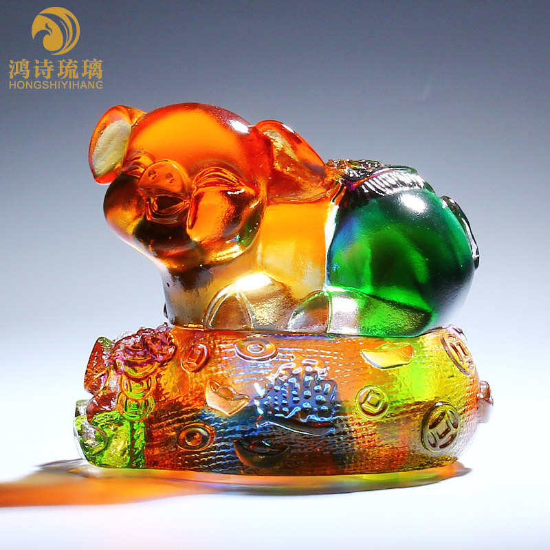 琉璃礼品创国风送客实用猪年聚宝盆精美意中工艺品钱袋装饰户彩色