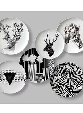 黑白色系挂盘装饰盘子陶瓷餐厅墙上面壁饰客厅工艺摆件瓷盘定制