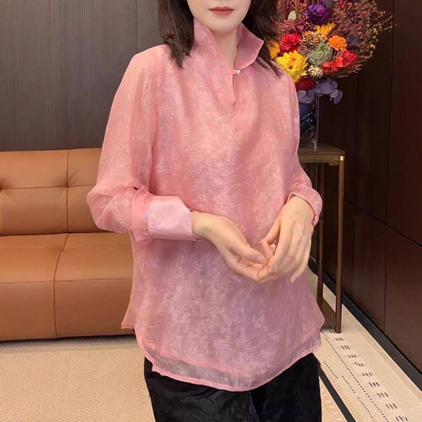 极速新中式衬衫长袖立领法式春季新款上衣Q提花宽松显瘦大码国风