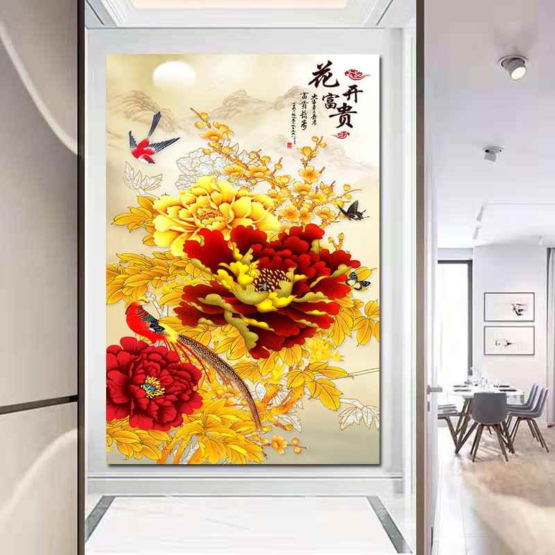 花开富贵装饰画牡丹花玄关入户聚财挂画办公室居家客厅房墙贴壁画图片