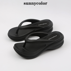 sunnycolor增高跟人字拖，女夏外穿防滑厚底凉拖鞋中跟简约沙滩鞋