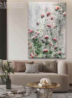 网红色手肌花卉绘画抽红象瑰理画侘园寂风田装饰画油玫花客厅玄关
