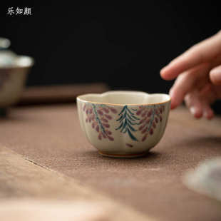 品茗杯草木灰复古手绘紫藤花边主人杯陶瓷功夫茶具家用单个普洱杯