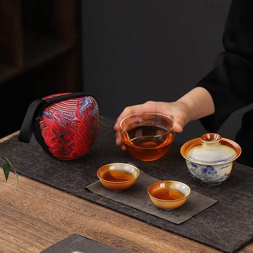 柴烧复古悬停可旋转盖碗旅行茶具茶杯便携套装一壶二杯户外泡茶碗
