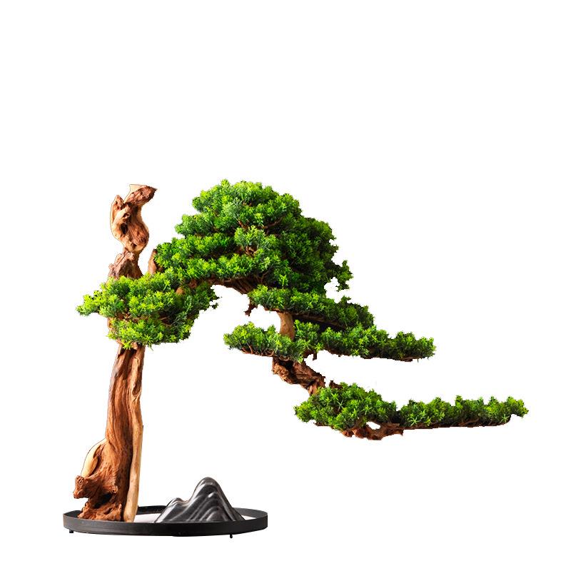 仿真迎客松盆景摆件崖柏根雕木制工艺品客厅中式家具展厅装饰摆件