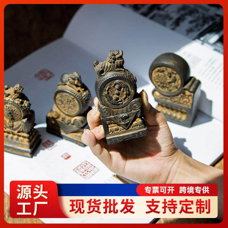 新中式抱鼓石门墩家居客厅桌面小摆件复古做旧工艺品纯手工装饰品