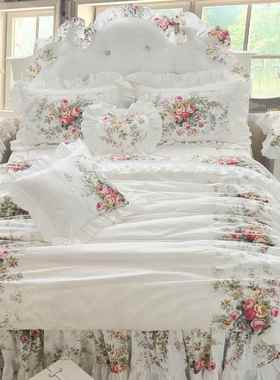 正品简欧式经典全棉约四件套田s园in公风白色碎花夏主季韩式床上