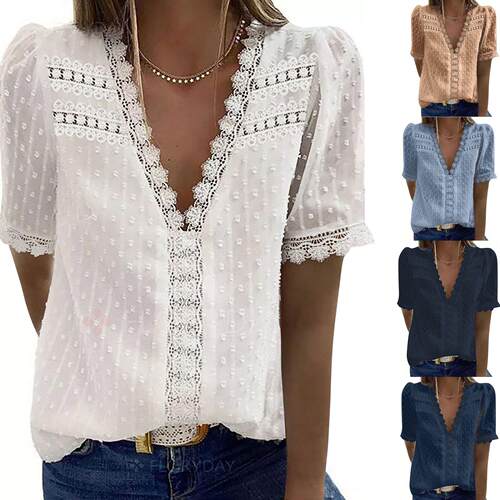 Solid V-neck Jacquard Short Sleeve Top女纯色V领提花短袖上衣