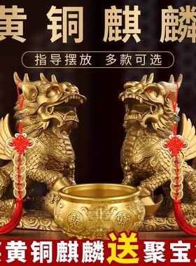 铜麒麟摆件一对公母纯黄铜全铜家用卧室客厅入户门口护宅送聚宝盆