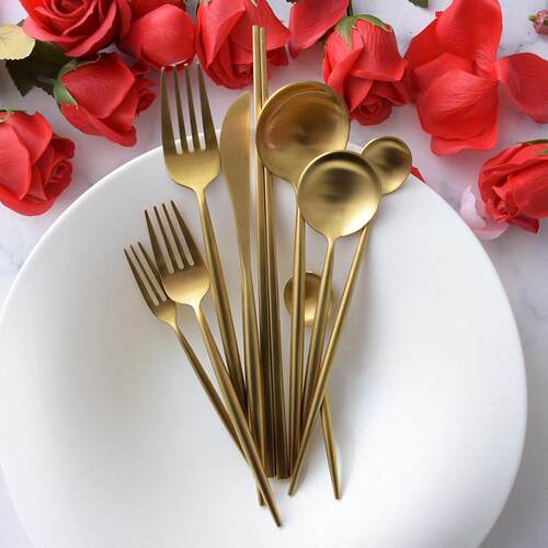 Matte gold knife and fork with round handle coffee spoon