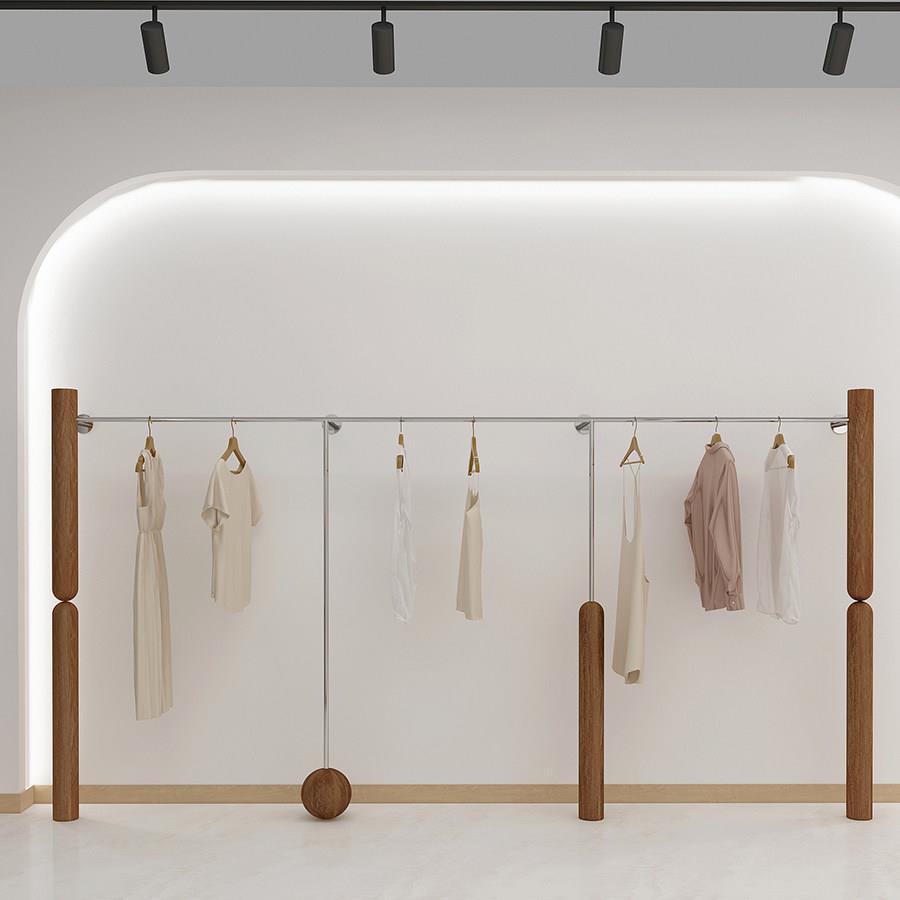 服装店上墙展示架挂衣架中古风女装店专用不锈钢胡桃色陈列道具店