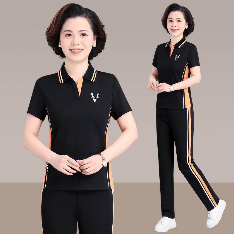 年妈妈春装新中款春两件套短袖77521397恤中老年运动服装女套上衣