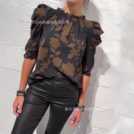 Big floral V-neck shirt, women's short sleeved top