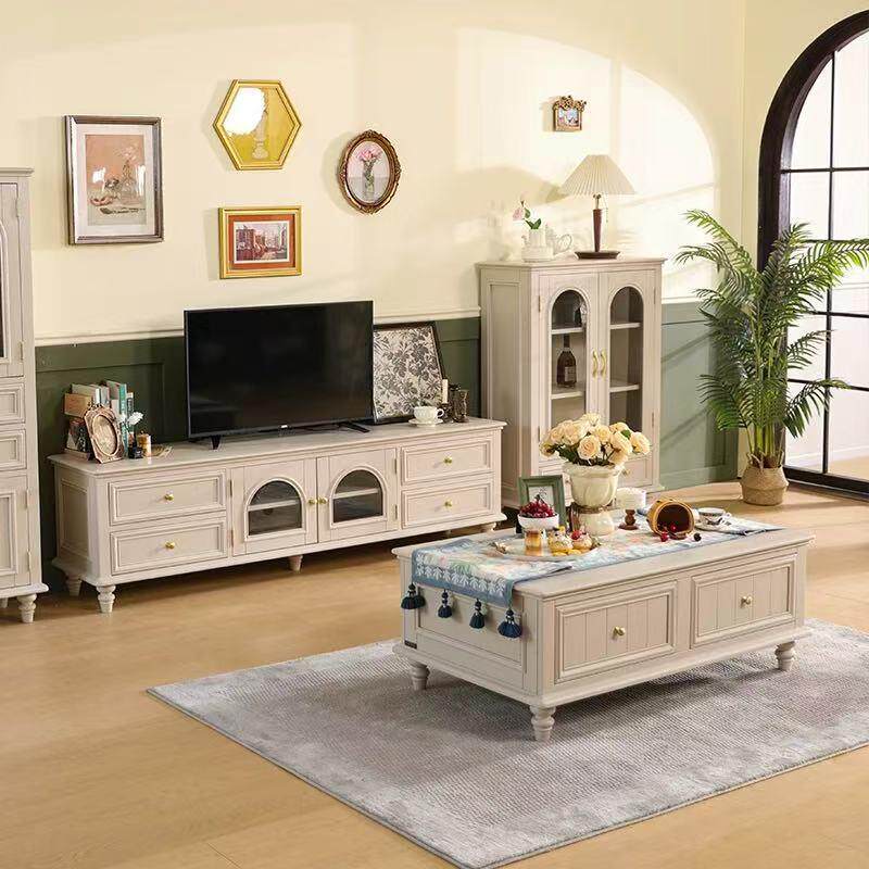 法式奶油风白色实木电视柜茶几组合小户型客厅现代简约收纳柜