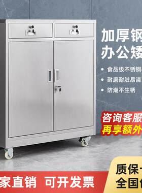 304不锈钢矮柜文件柜中二斗收纳柜带锁抽屉桌下活动工具柜床头柜