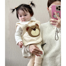 ins韩版秋冬装婴儿可爱卡通加绒马甲背心上衣，男女宝宝洋气三件套
