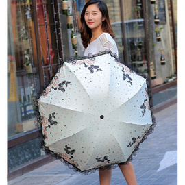 女生可爱蝴蝶公主蕾丝太阳伞黑胶防紫外线遮阳伞折叠超轻学生