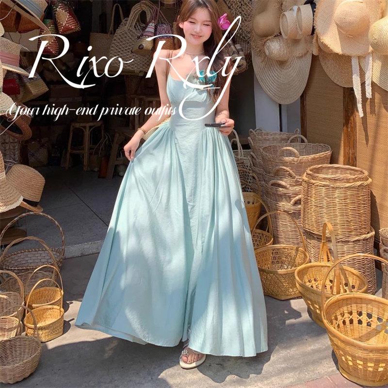 RIXO RXLY法式蓝色立体花朵吊带洋装女夏季小众设计感度假长裙
