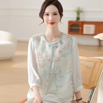 国风中年妈妈夏装桑蚕丝T恤女圆领套装重磅真丝马甲上衣三件套薄