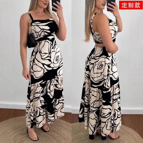 Women'S Floral Print Square Neck Sleeveless Backless Dress