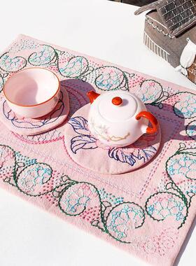 蛇盘兔刺子绣茶席材料包牡丹圆形杯垫自绣自制茶艺隔热垫27*40cm