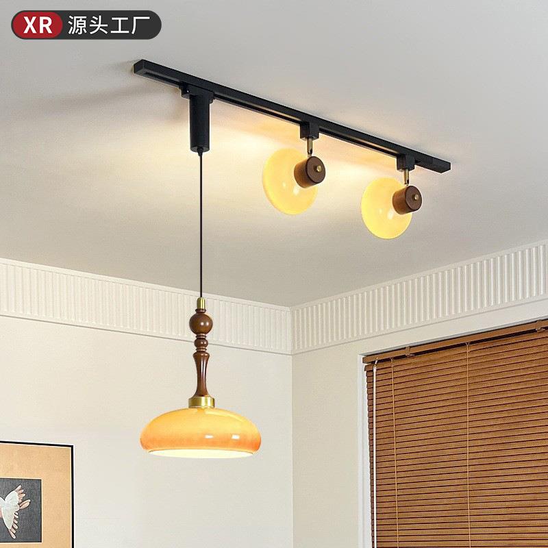 中古风餐厅可移位轨道吊灯复古法式奶油风吧台柿子玻璃胡桃色灯具