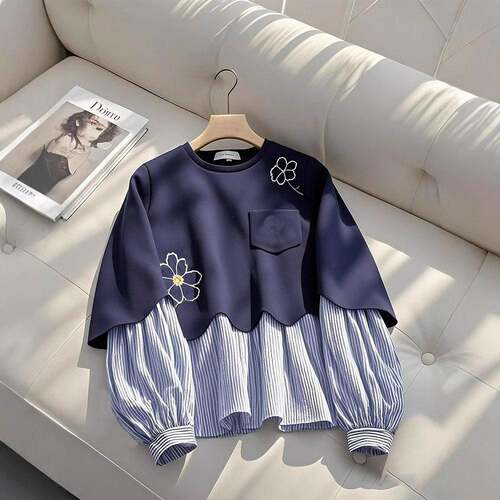 Round Neck Long Sleeve Knit Patchwork Striped Floral