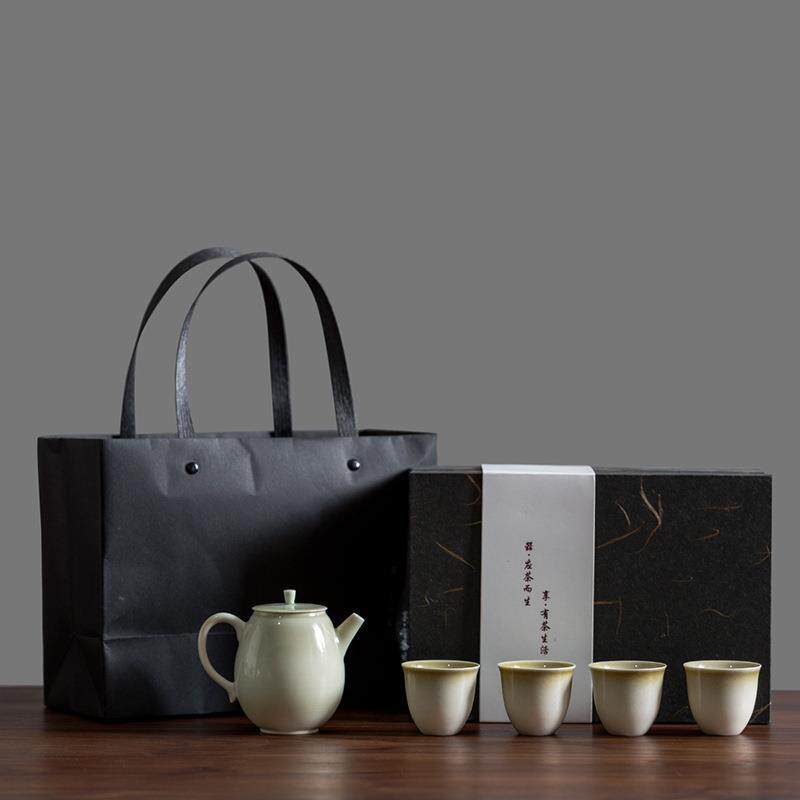 景德镇手工草木灰茶具套装 一壶四杯小套组 落灰釉茶壶品茗杯定