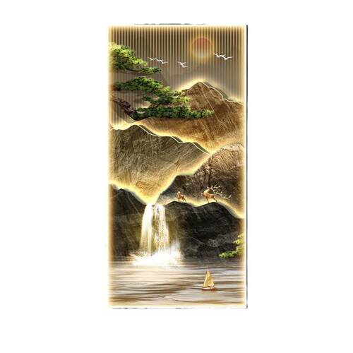 迎客松新中式玄关装饰画入户正对门挂画灯画轻奢高档走廊山水壁画