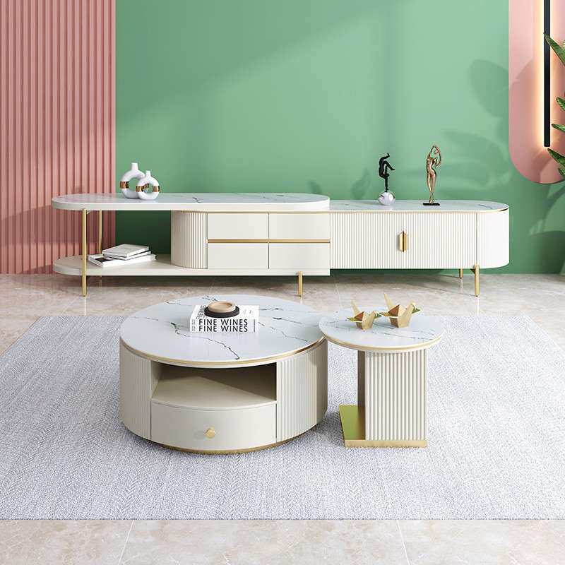 轻奢风可伸缩岩板家用地柜现代简约小户型客厅茶几电视柜组合