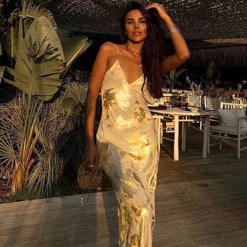 Women Plain Stamping V Neck Backless Cami Dress Sleeveless