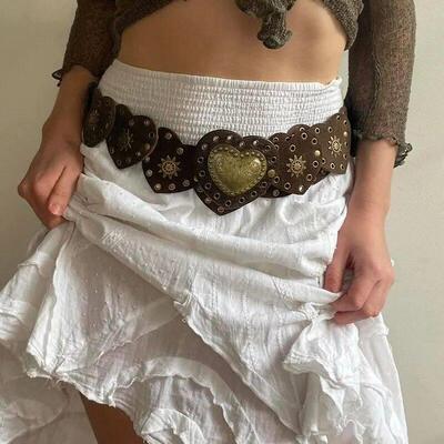 Brown Pinned Belt Y2k Accessories Decorated with White Love