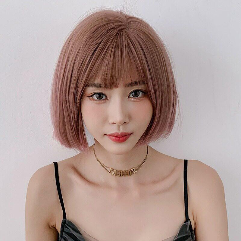 假发整顶女士全头套水母头自然前额短发齐耳空气齐刘海波波头粉色
