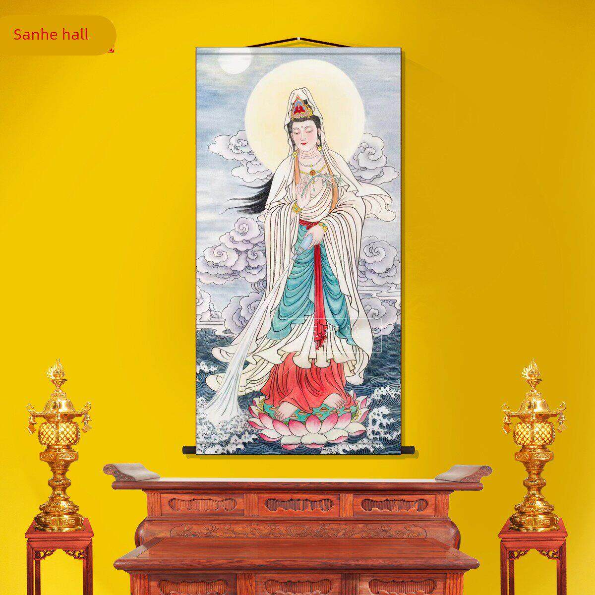 洒水观音画像客厅卷轴挂画新中式装饰画丝绸布佛家墙壁画国画挂轴