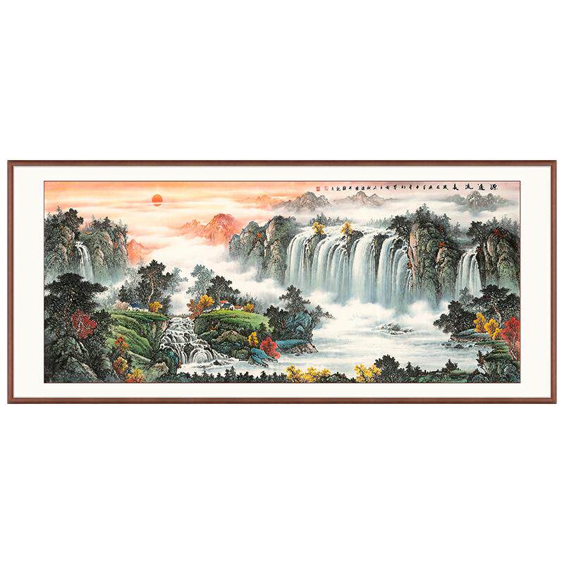 名家纯手绘国画山水源远流长手工装裱实木框画中式客厅挂画高级感