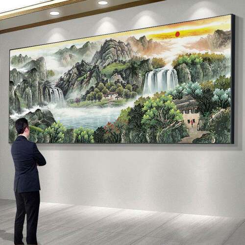 流水生财聚宝盆山水画客厅沙发背景墙挂画办公室装饰画字画壁画